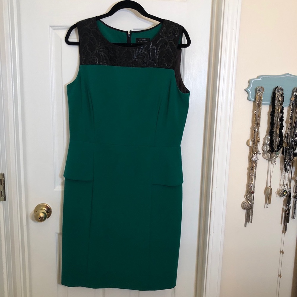 Tahari peplum emerald green and black dress